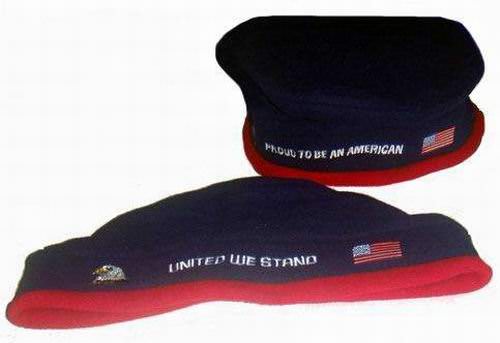 Two navy fleece berets with red bands, embroidered Proud to Be an American and United We Stand