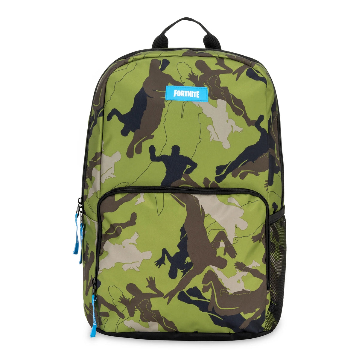 Green camo backpack made of dancing figure silhouettes with a blue label and zip pulls