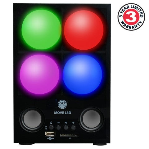 Front of the light-up speaker with green, red, pink and blue lights and a 3-year warranty badge