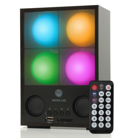 Black speaker with four glowing blue, orange, green and pink light balls beside its remote