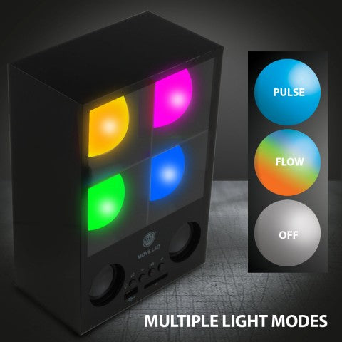 Speaker glowing orange, pink, green and blue beside pulse, flow and off light mode icons