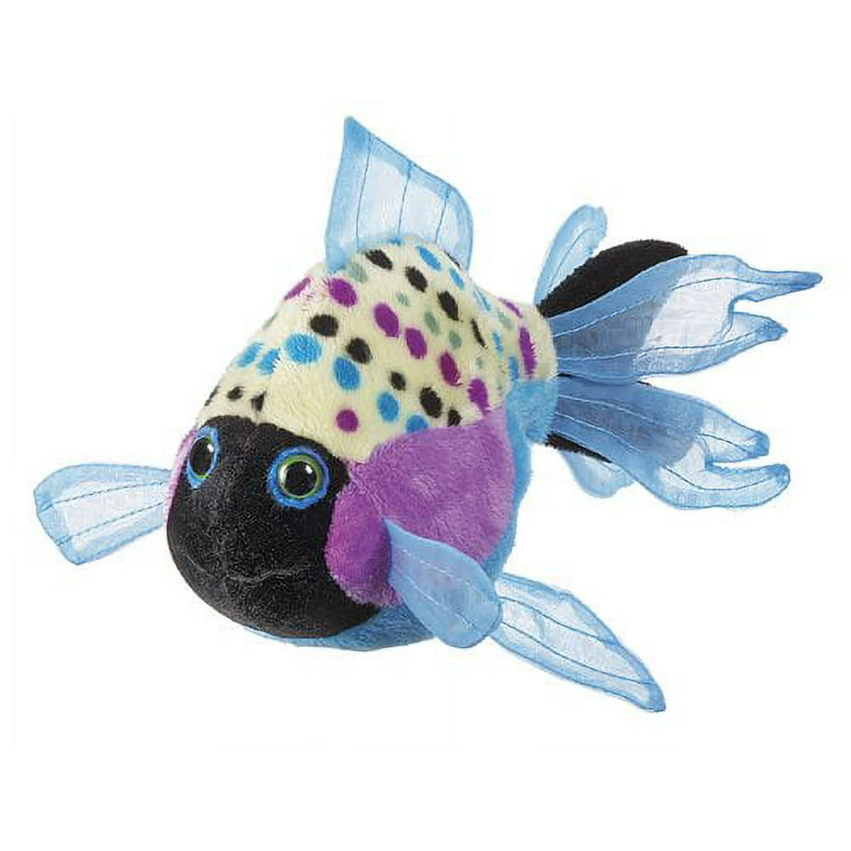 Plush fish with a black face, purple cheeks, cream polka dot back and sheer blue fins