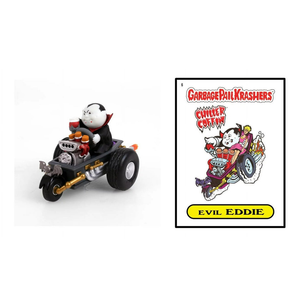 Vampire kid figure driving a coffin hot rod beside its trading card