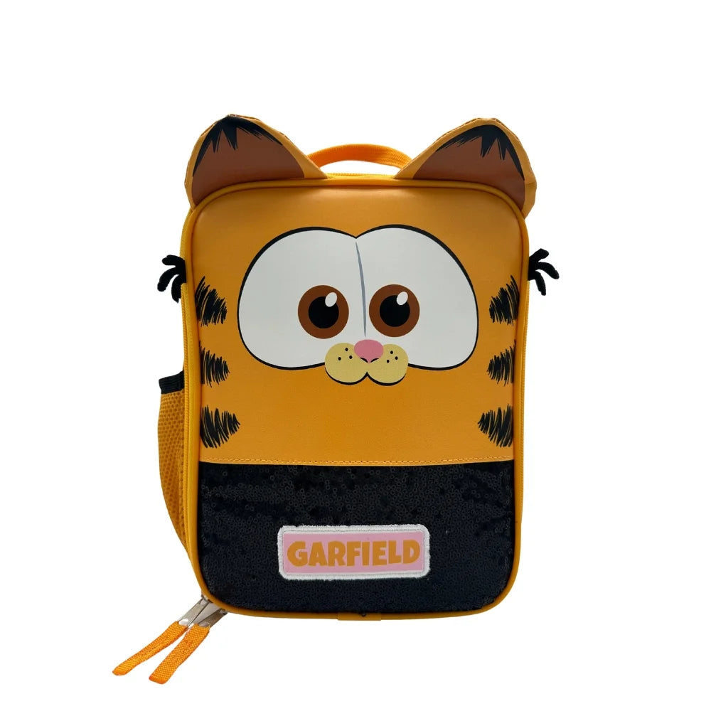 Orange cat-face lunch bag with ears, whiskers and a black sequin panel