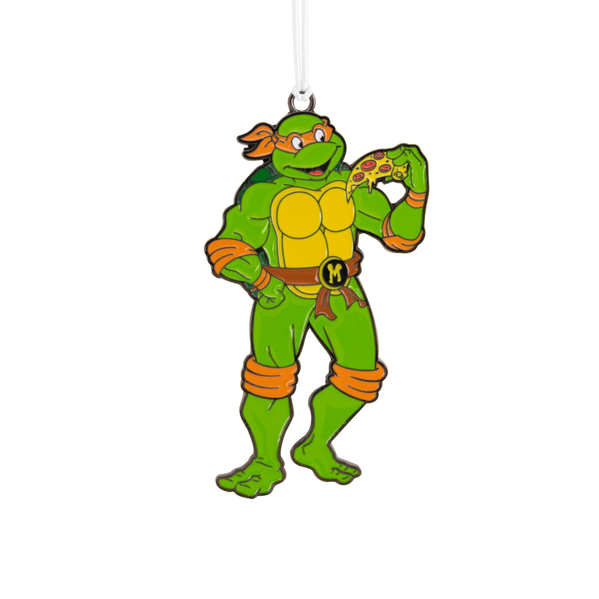 Flat enamel ornament of an orange-masked ninja turtle holding a pizza slice