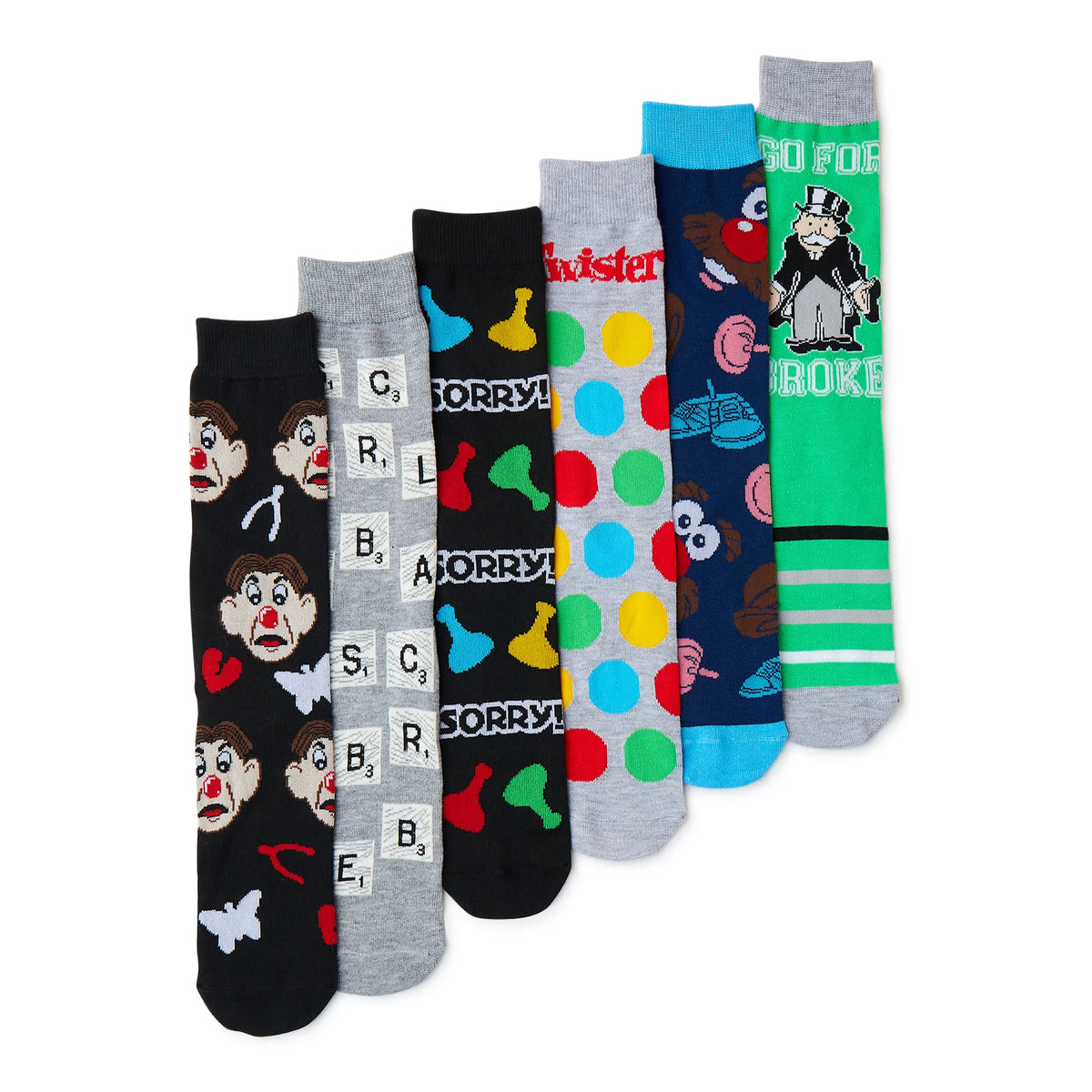 Six crew socks with board game designs: Operation, Scrabble, Sorry, Twister, Mr. Potato Head, Monopoly