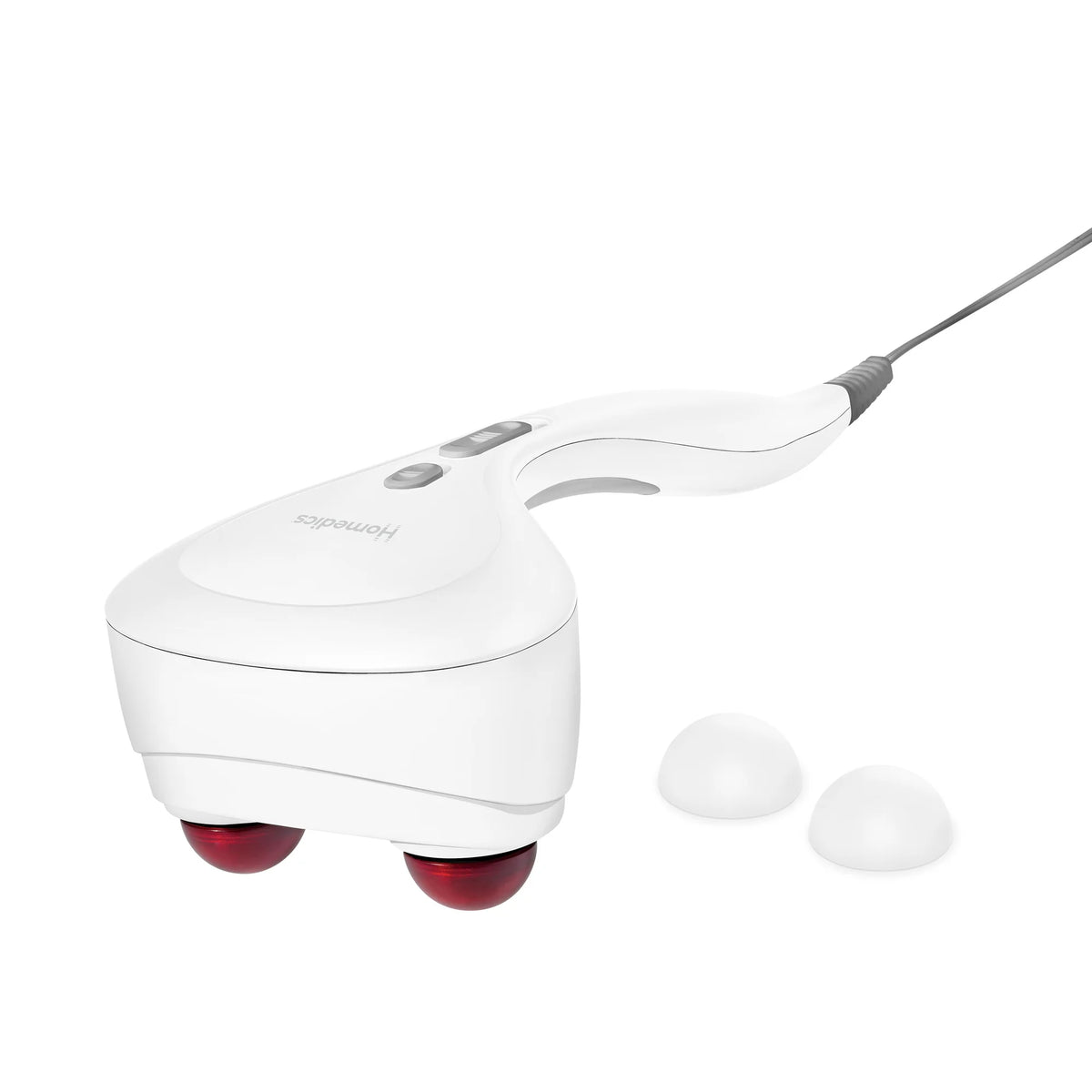 White handheld massager with two red heated nodes and two spare white node caps