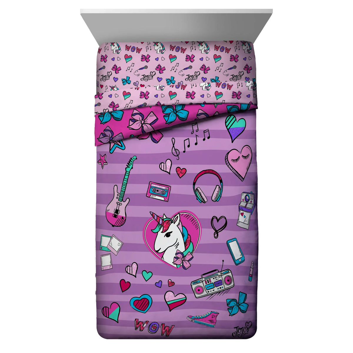 Purple striped comforter with a unicorn heart, guitar, boombox and bows