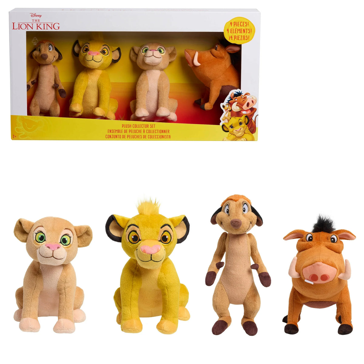 Boxed set of four lion cub, meerkat and warthog plush toys with the loose plushies below