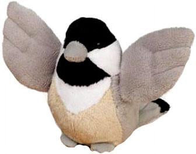 Plush chickadee with outstretched grey wings, black bib and buff belly