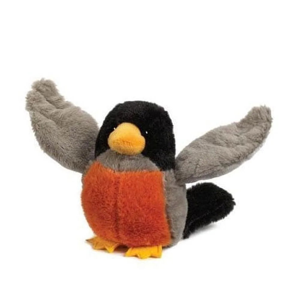 Plush robin with a black head, orange beak and rust red breast, grey wings spread