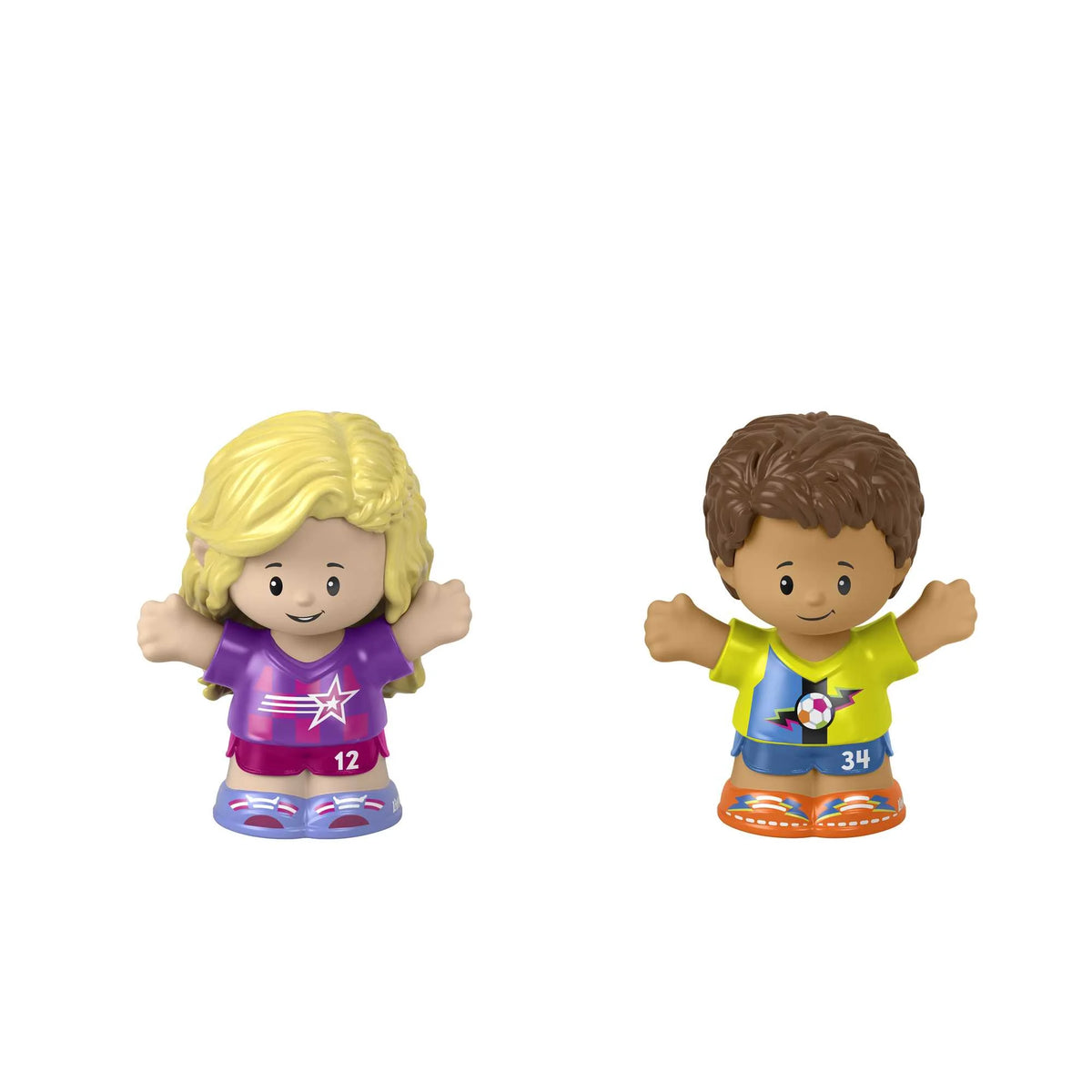 Two toddler figures in soccer kits: blonde girl in purple number 12, boy in yellow number 34