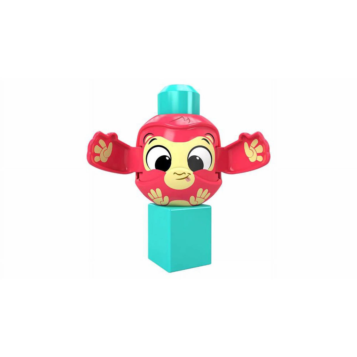 Pink monkey block with hands opened to show big eyes and a cheeky tongue, on a teal block