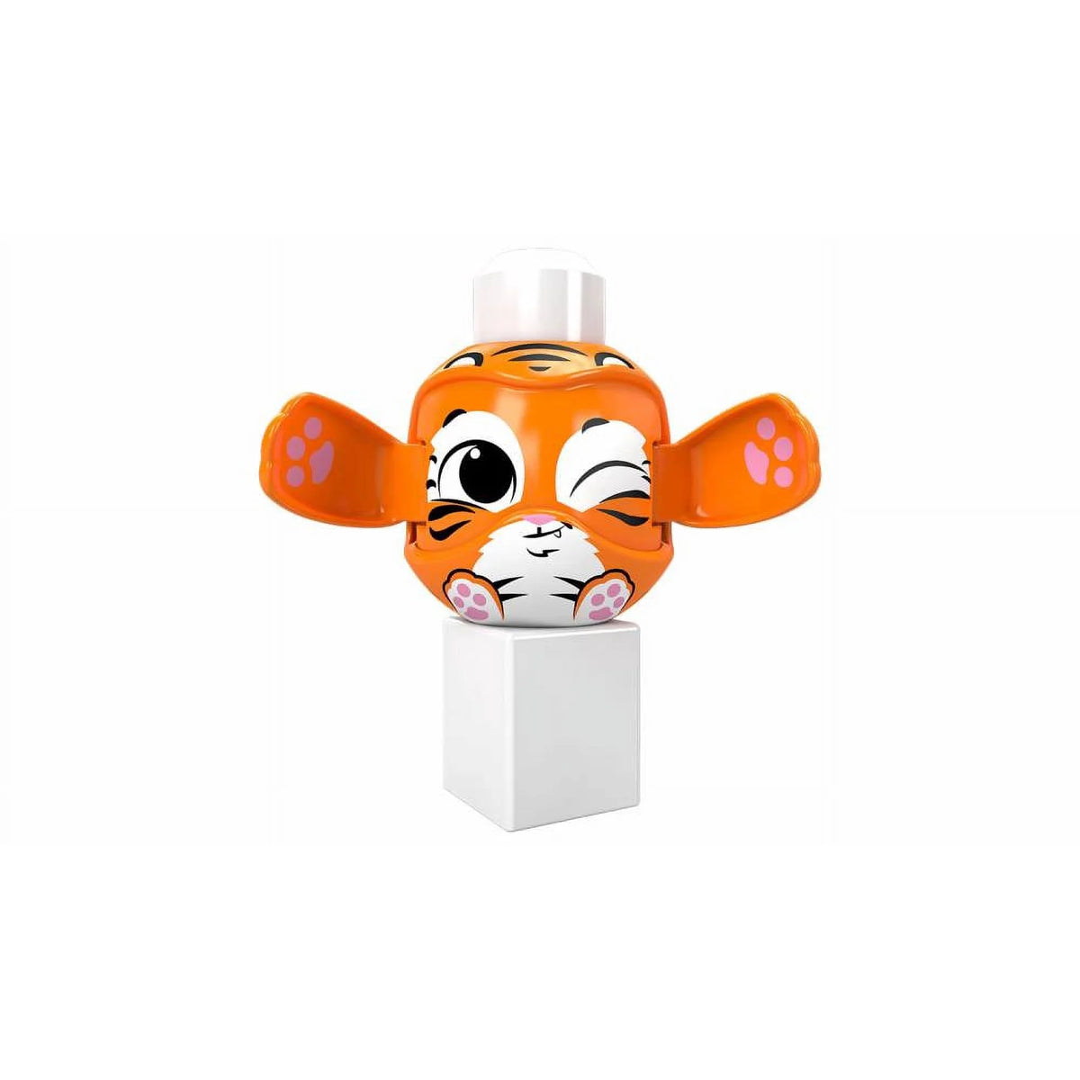 Winking orange tiger block with paws opened out, stacked on a white block