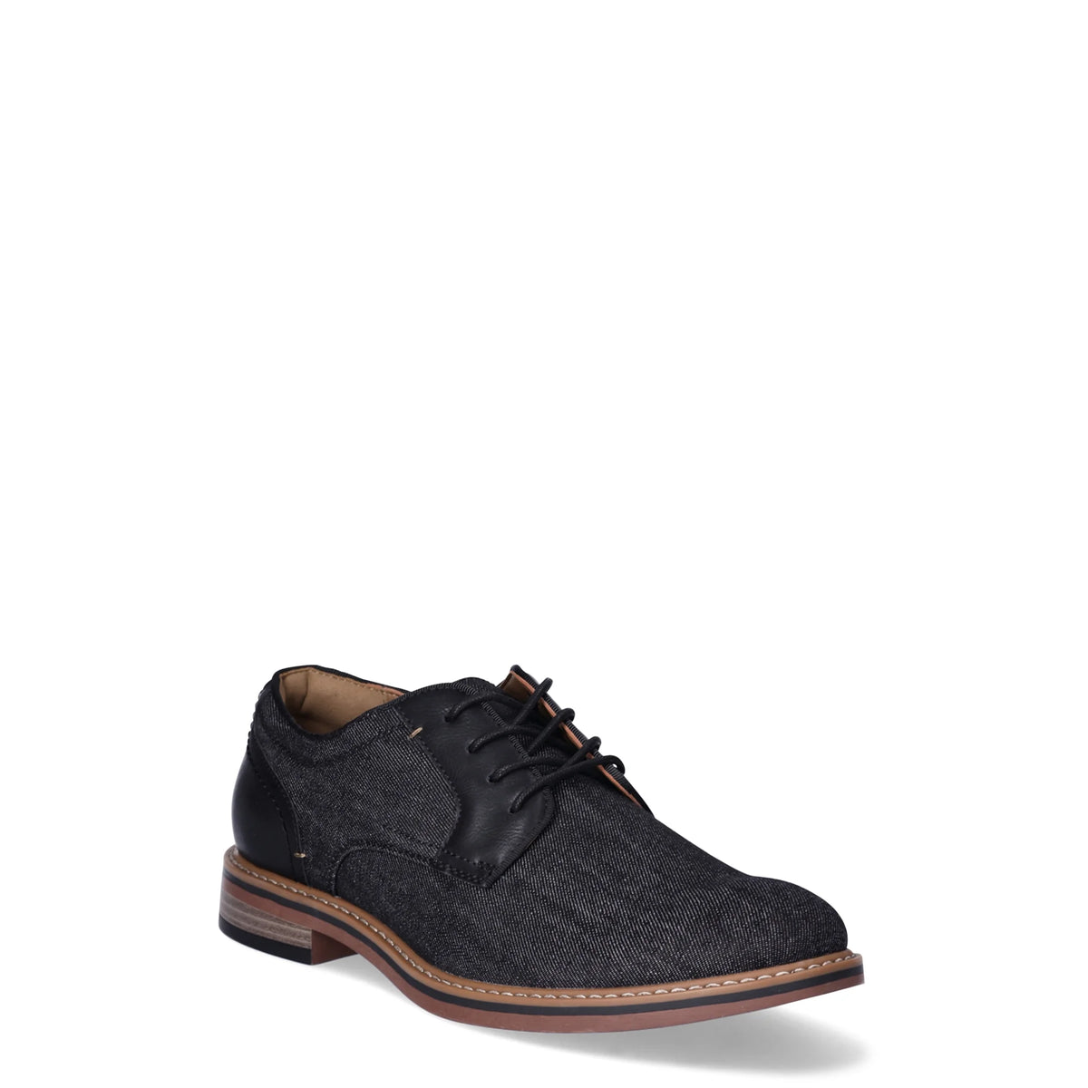 Men's black denim lace-up oxford with a stacked brown sole