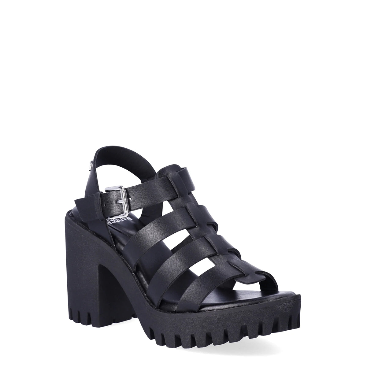 Black caged fisherman sandal with buckle ankle strap and chunky block heel