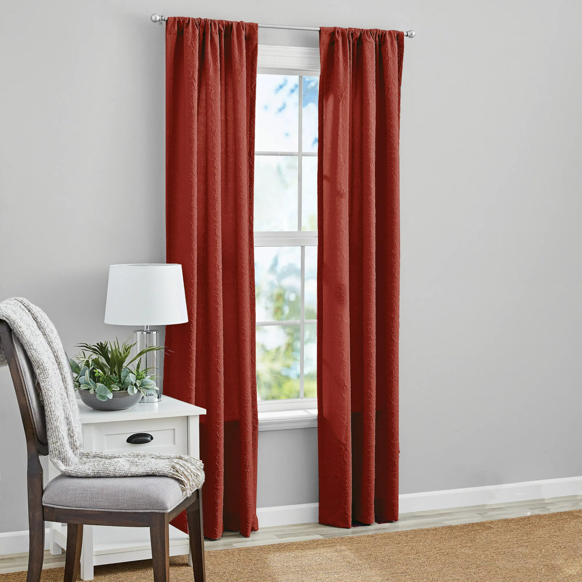 Mainstays Floral Microsculpt Sheer Curtain Panels, Red Paprika, 84", Set of 2