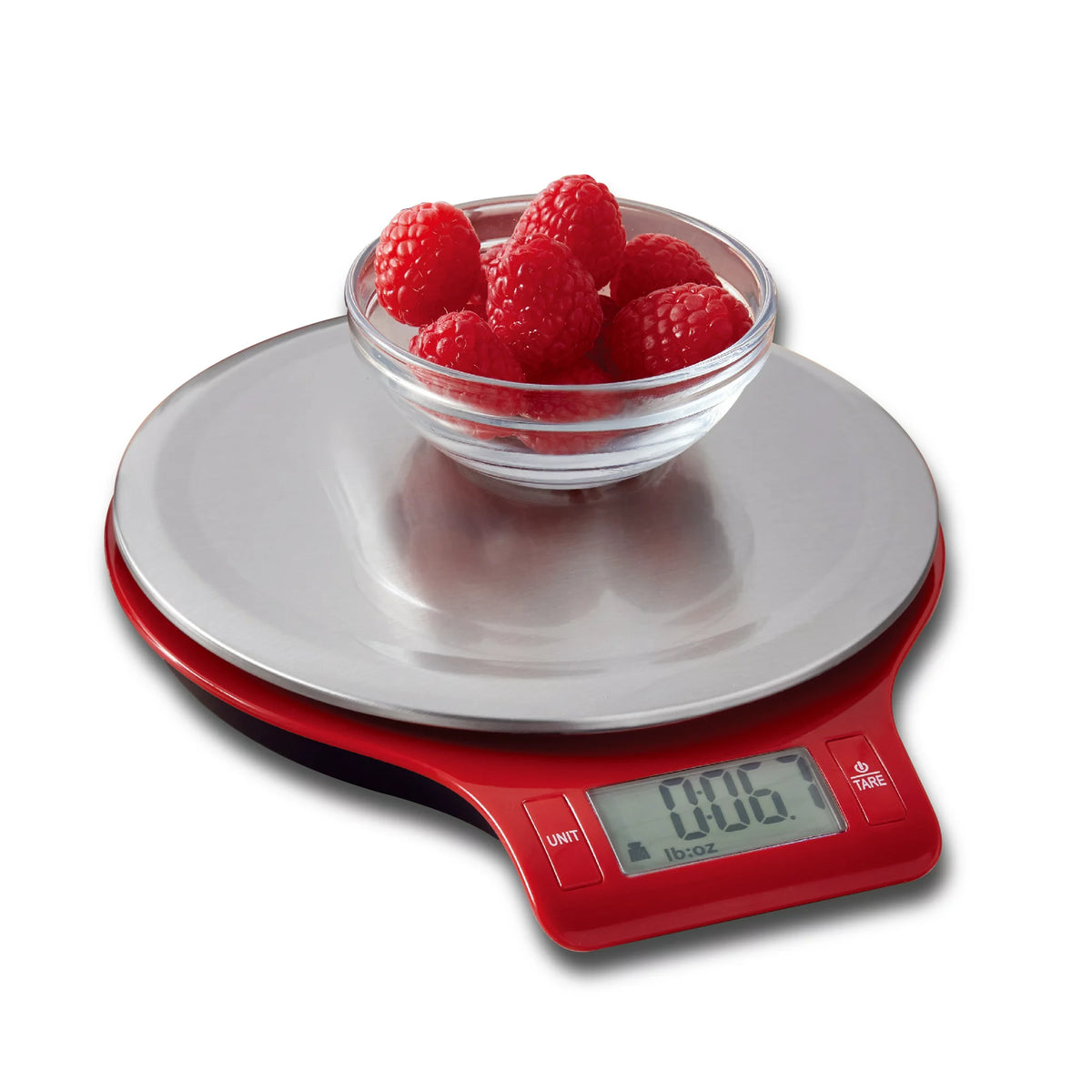 Red round digital kitchen scale with a steel platform holding a bowl of raspberries
