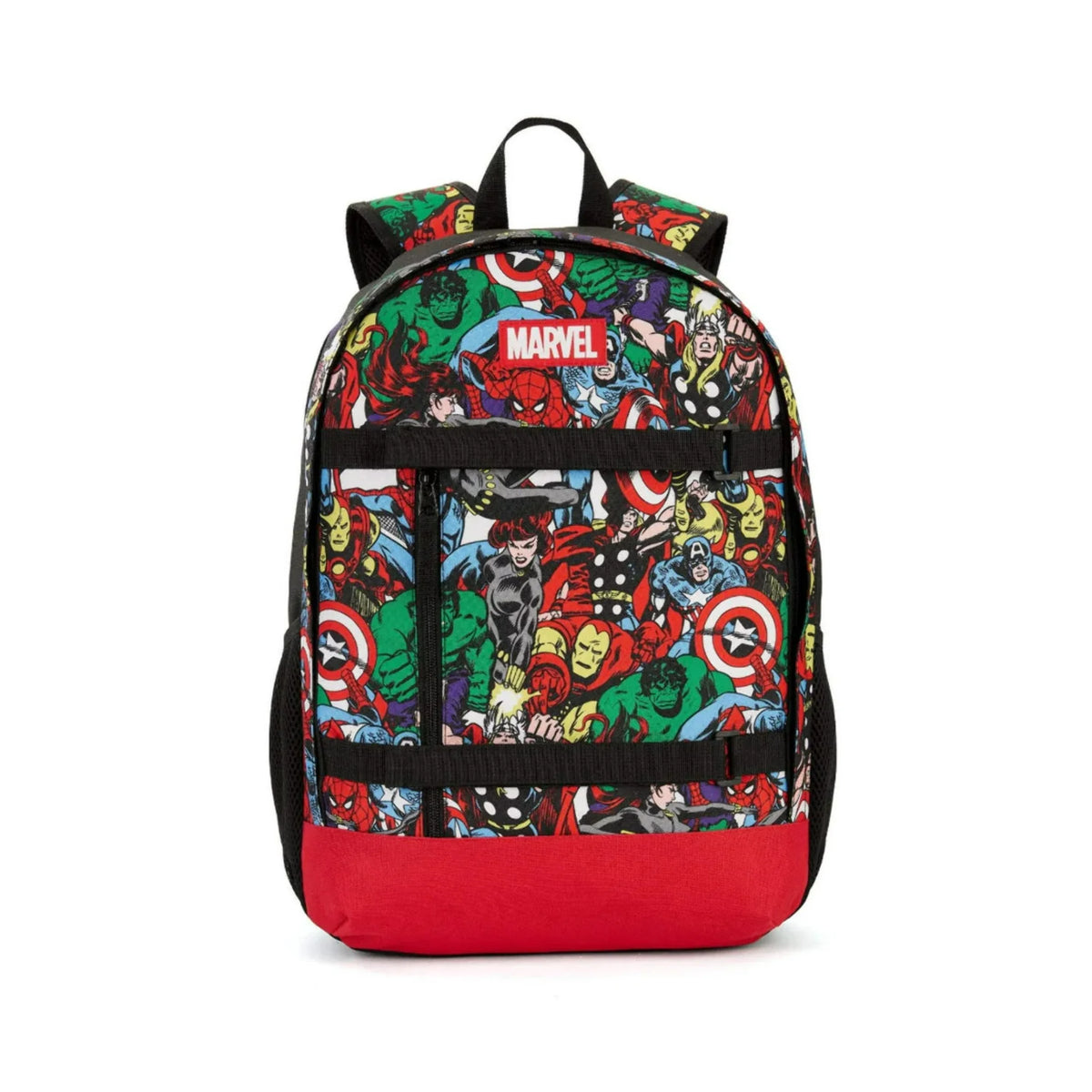 Backpack covered in retro comic art of Hulk, Spider-Man, Captain America and Thor with a red base