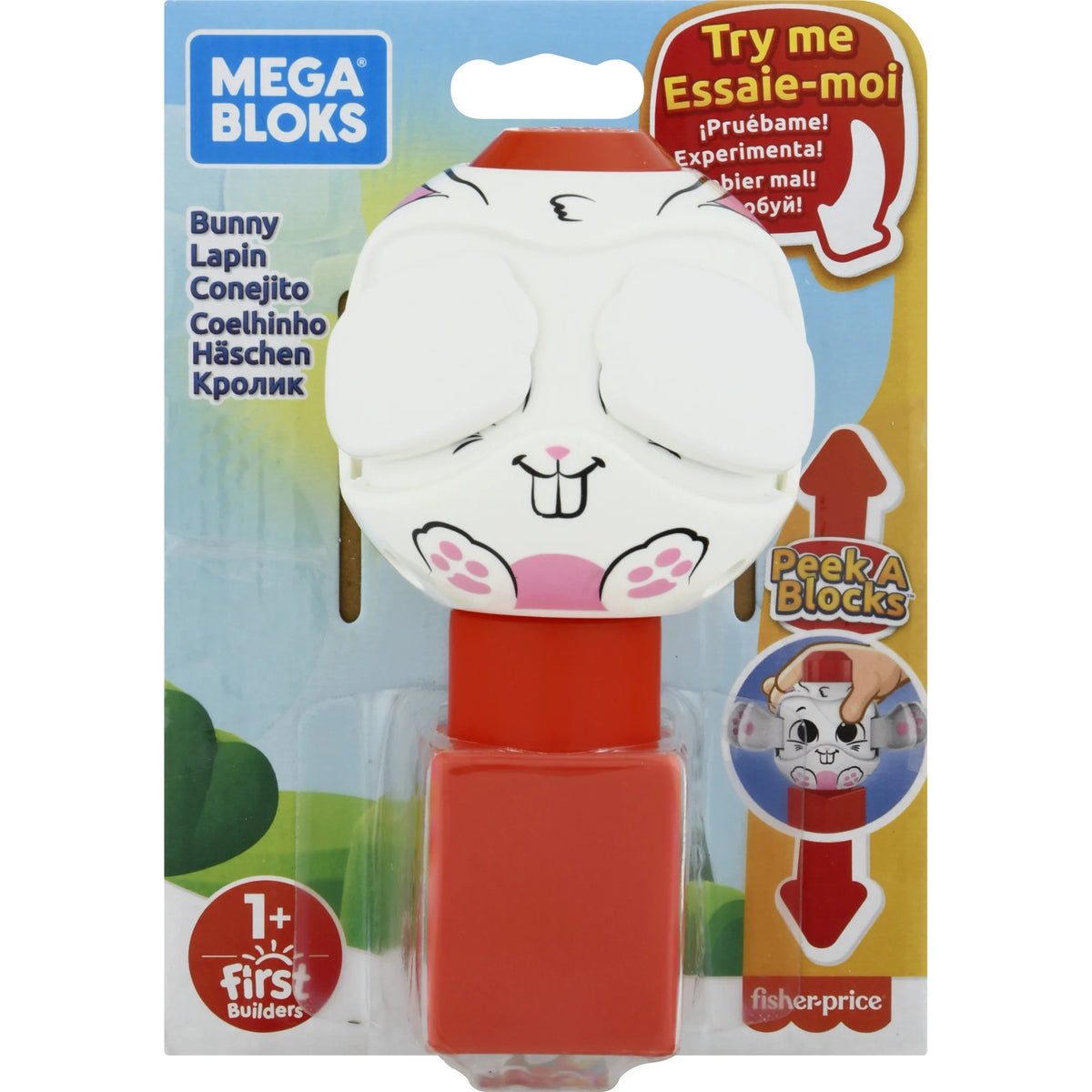 Front of the white buck-toothed bunny block on a red block in its blister card, ages 1+