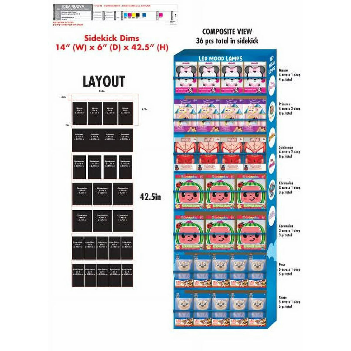 Retail display layout of 36 character LED mood lamps including Chase