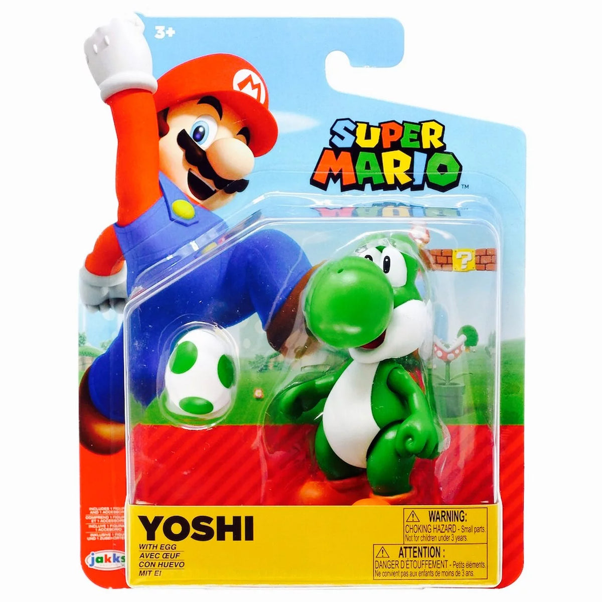 Green Yoshi figure and spotted egg in a blister card with Mario jumping