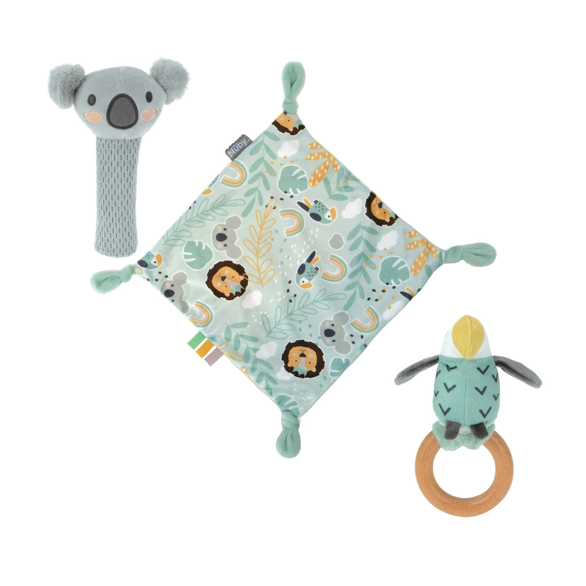 Grey koala squeaker, mint jungle print lovey blanket and teal bird rattle with wooden ring