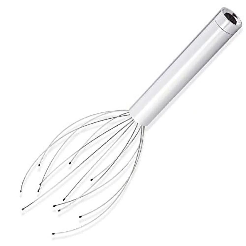 Silver wire scalp massager with a metal handle and many bead-tipped prongs