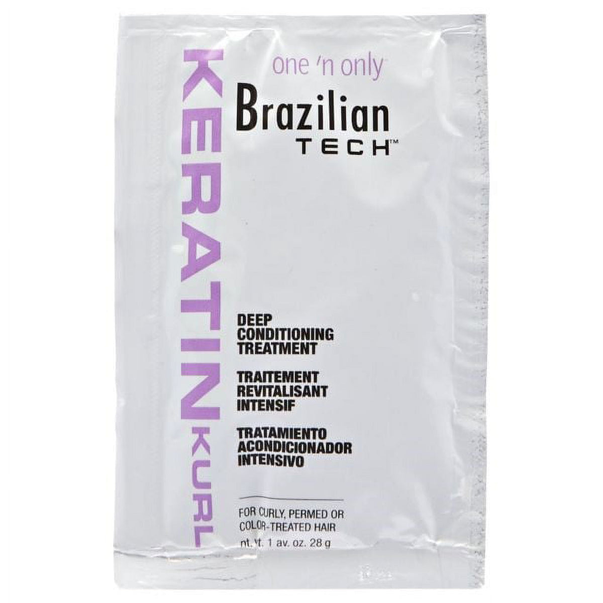 Silver 1 oz packet of keratin deep conditioning treatment for curly hair, purple lettering