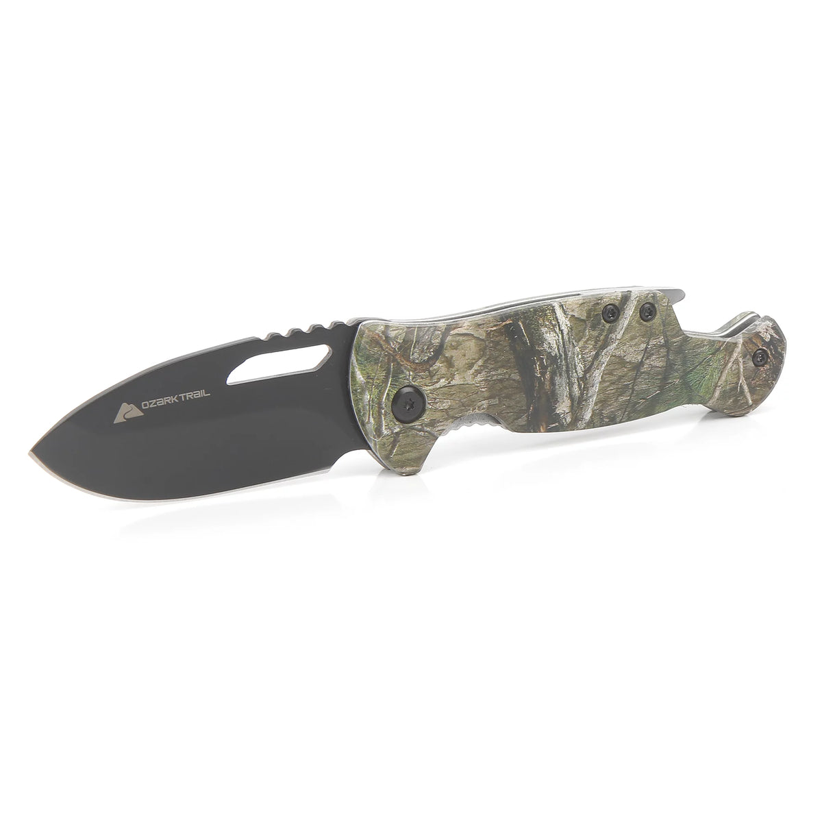 Open folding knife with a black drop-point blade and green tree camo handle