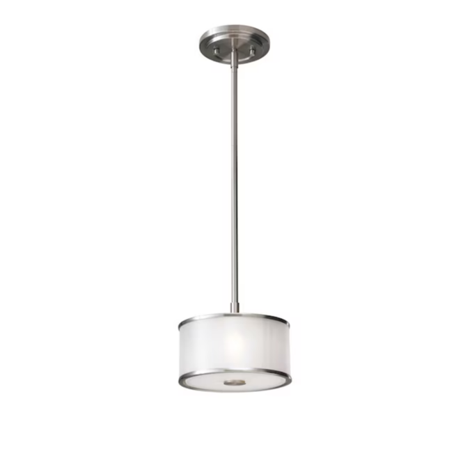 Brushed steel mini pendant light on a downrod with a white fabric drum shade