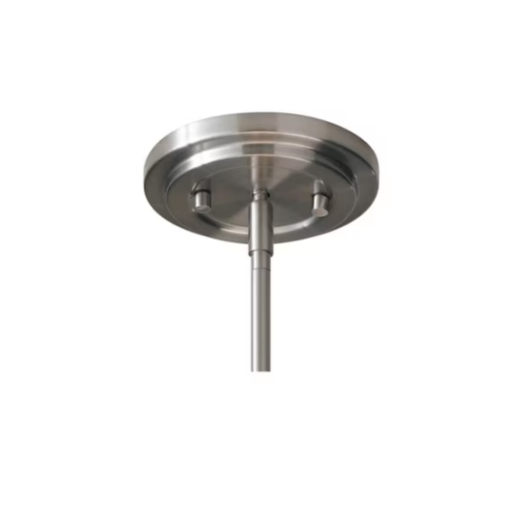 Brushed steel round ceiling canopy and downrod of the pendant light