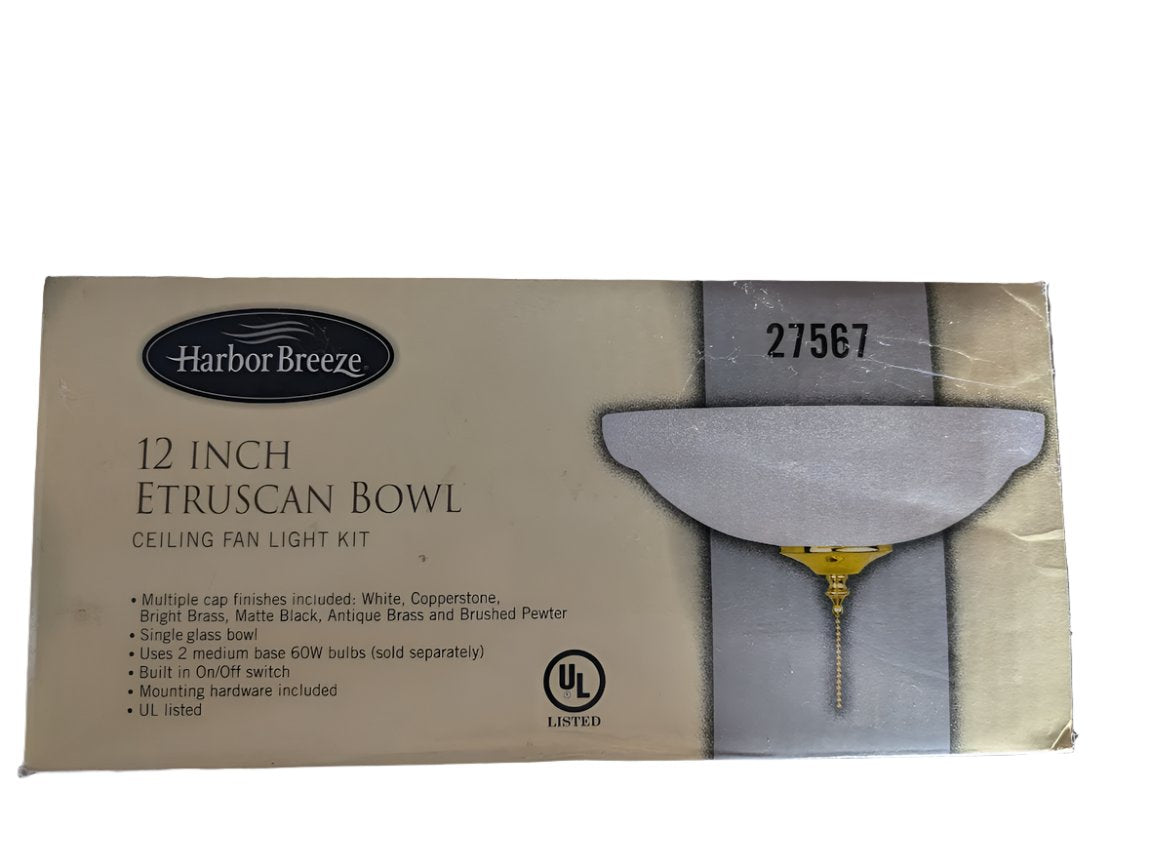 Box for a 12 inch Etruscan bowl ceiling fan light kit with a frosted glass bowl and pull chain