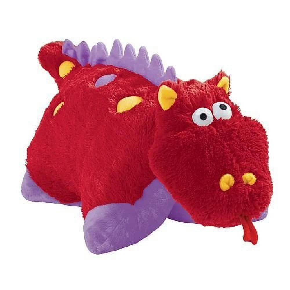 Fluffy red dragon plush with purple spikes and feet, yellow spots and a red tongue