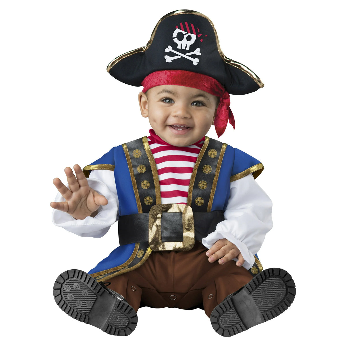 Baby sitting in a pirate jumpsuit with blue coat, striped shirt, gold buckle belt and boot-print feet