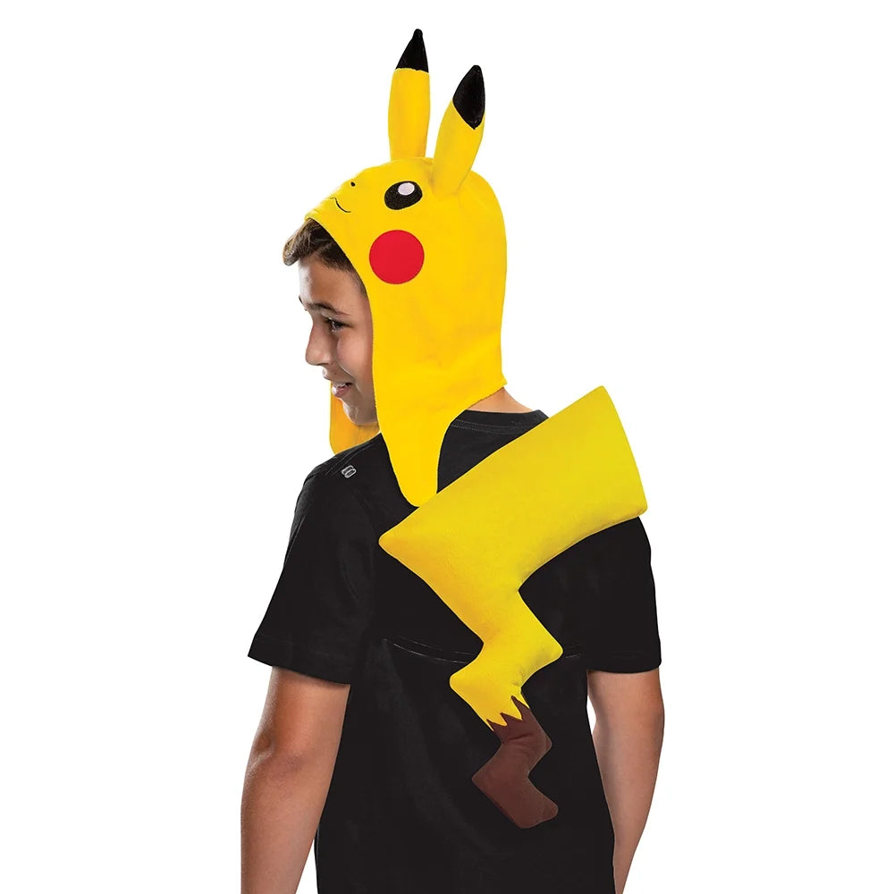 Boy in a yellow plush mouse hood with red cheeks and a lightning-bolt tail on his back