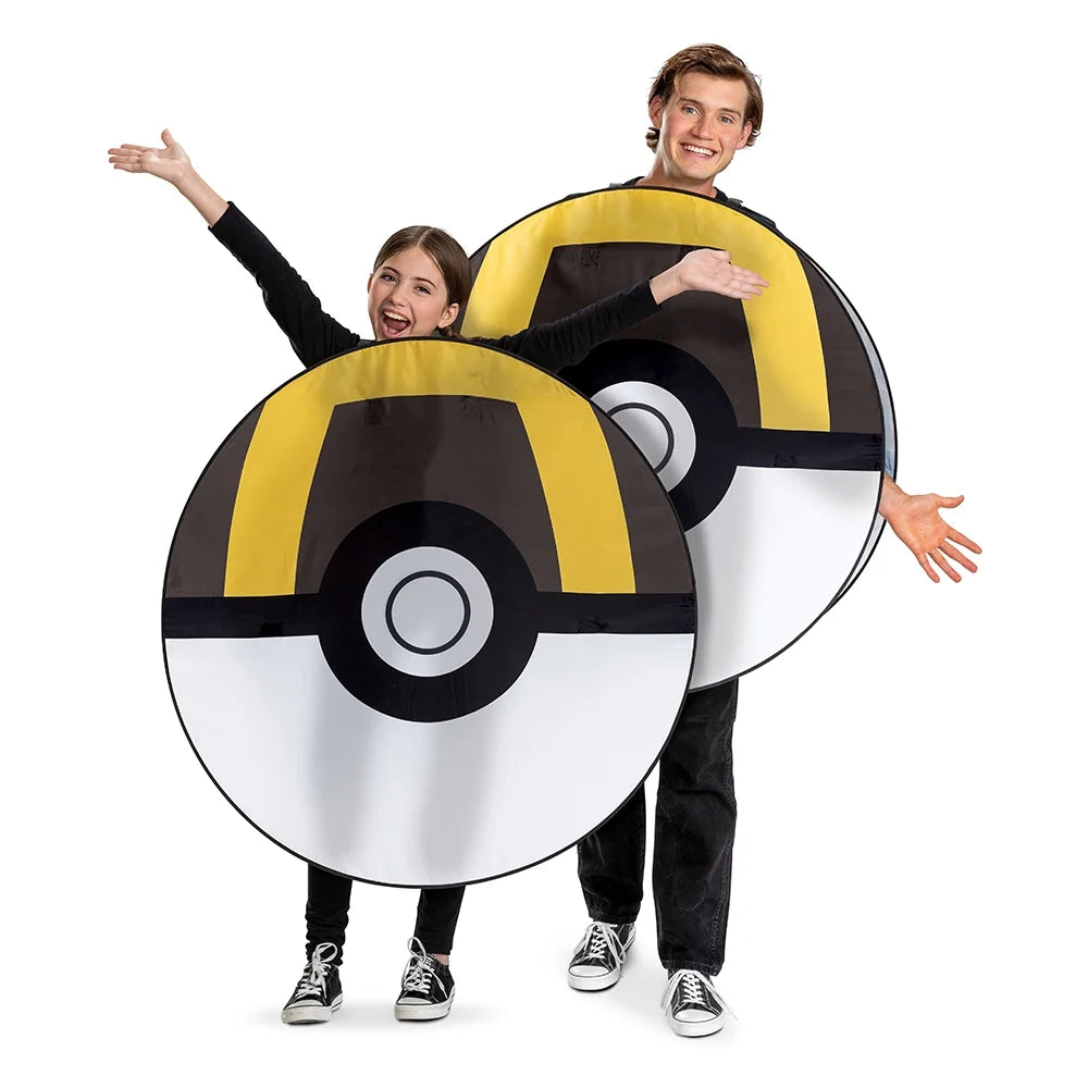 Girl and young man wearing round pop-out costumes of a yellow and black capture ball