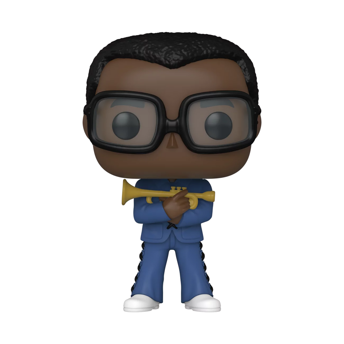 Vinyl figure of a jazz trumpeter in big black glasses and a blue suit, arms crossed
