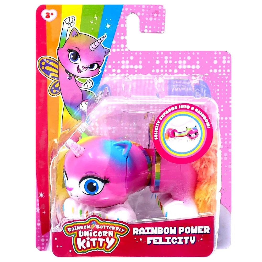 Carded pink rainbow unicorn kitty figure with fluffy tail, which stretches out into a rainbow