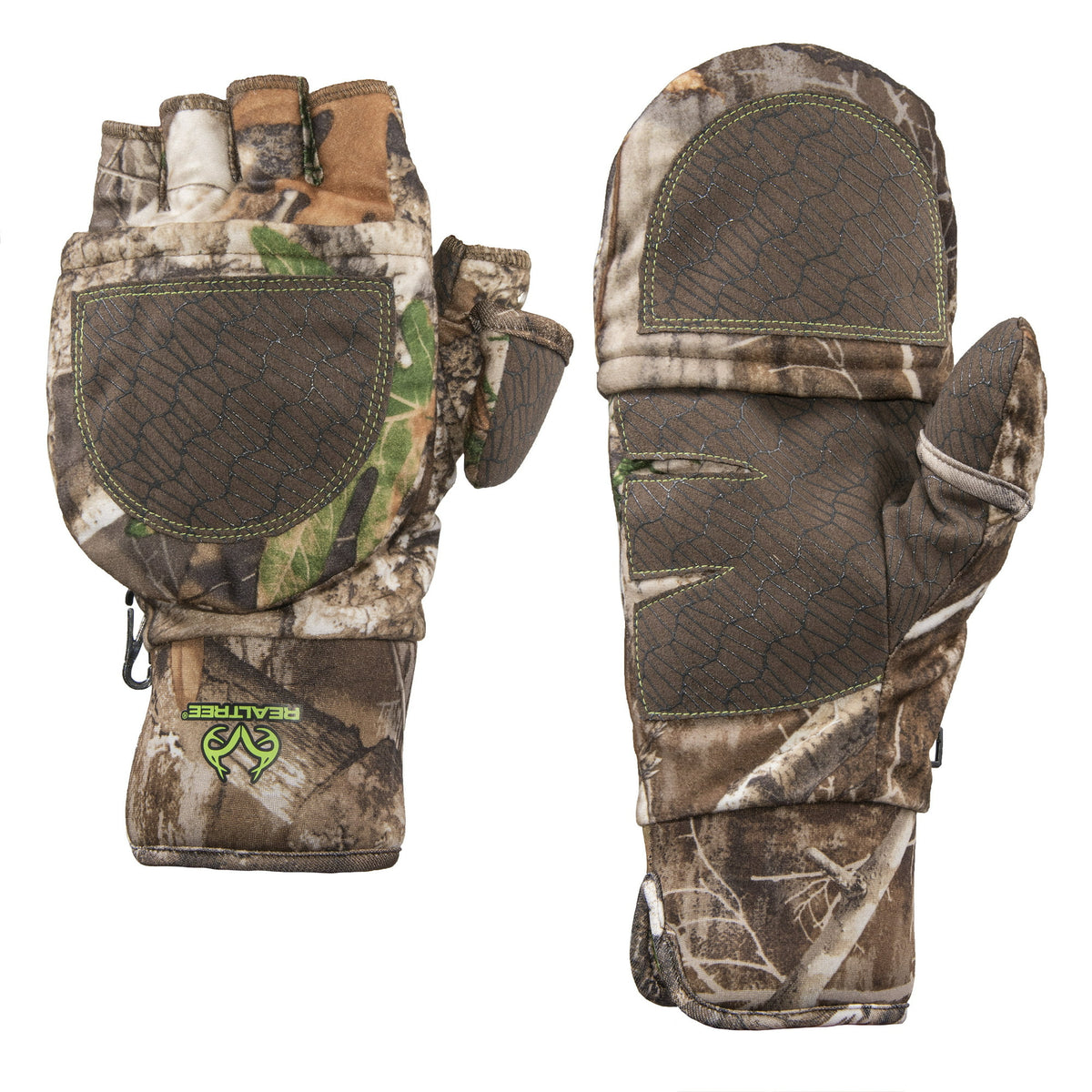 Pair of camo convertible flip-top mittens with brown grip palms and green stitching