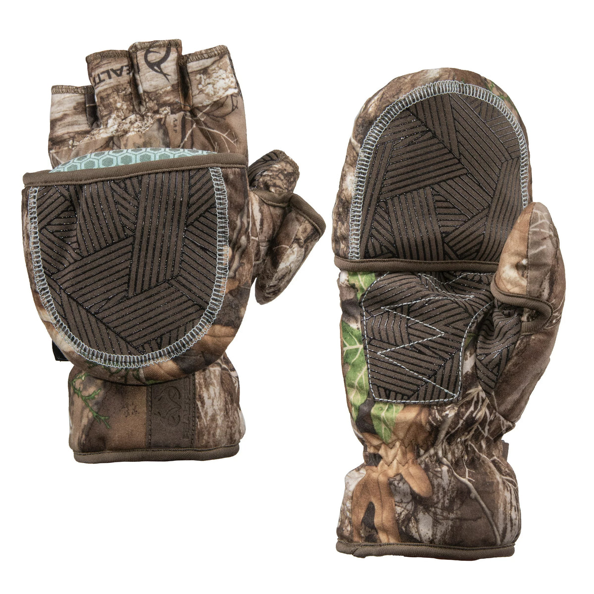 Pair of camo convertible flip-top mittens with textured brown grip palms