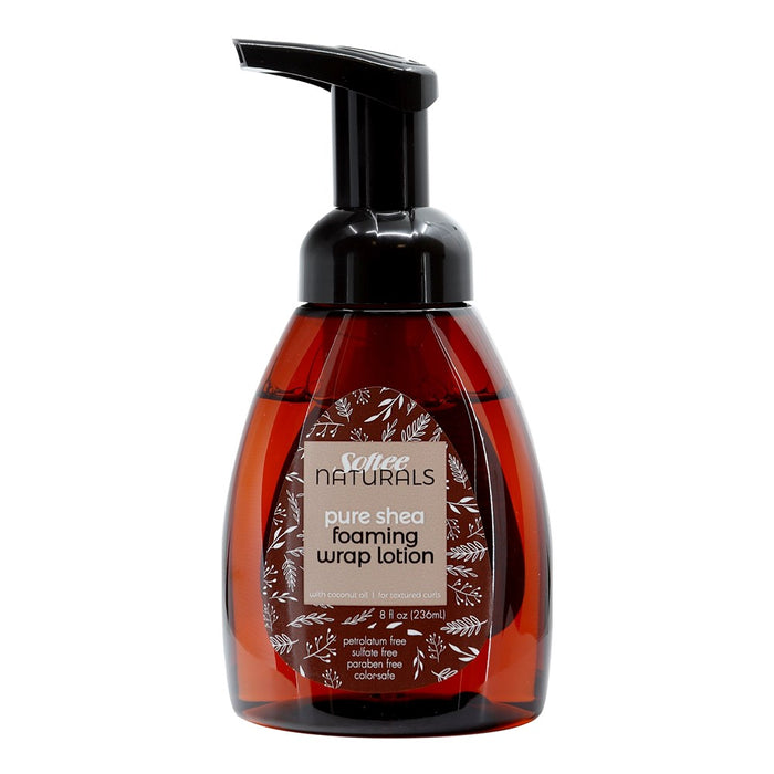 Amber pump bottle of pure shea foaming wrap lotion for textured curls, 8 fl oz