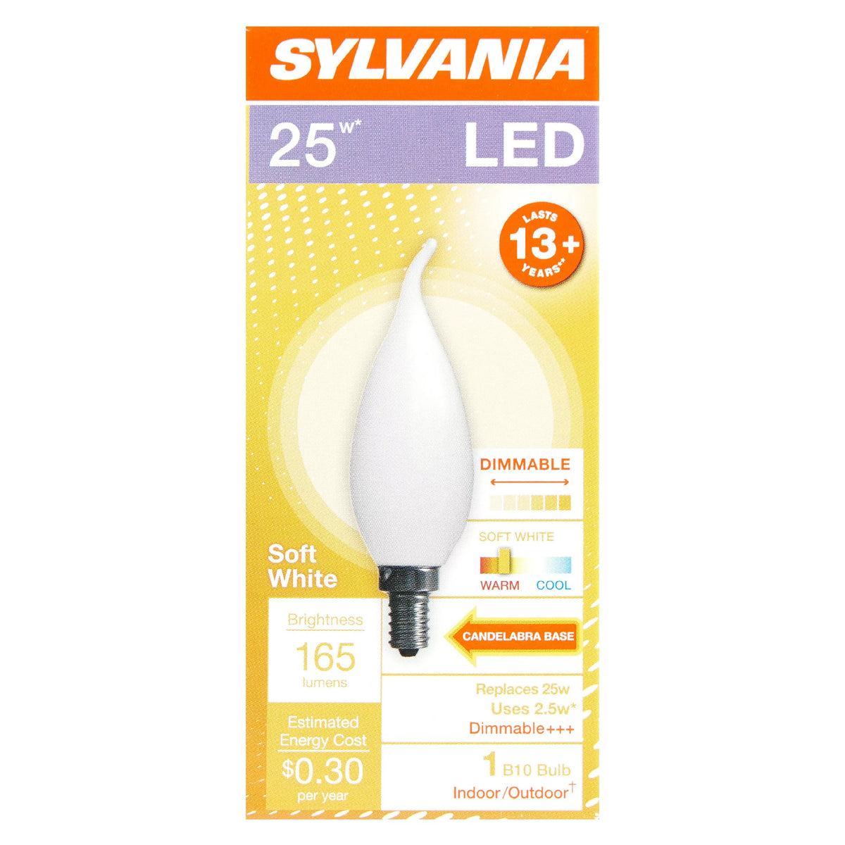 Box front for a 25W equivalent frosted flame tip LED bulb, soft white, 165 lumens