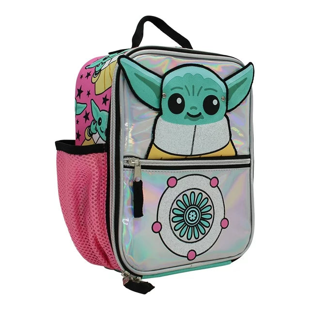 Holographic silver lunch bag with Grogu's face and ears, pink mesh pocket