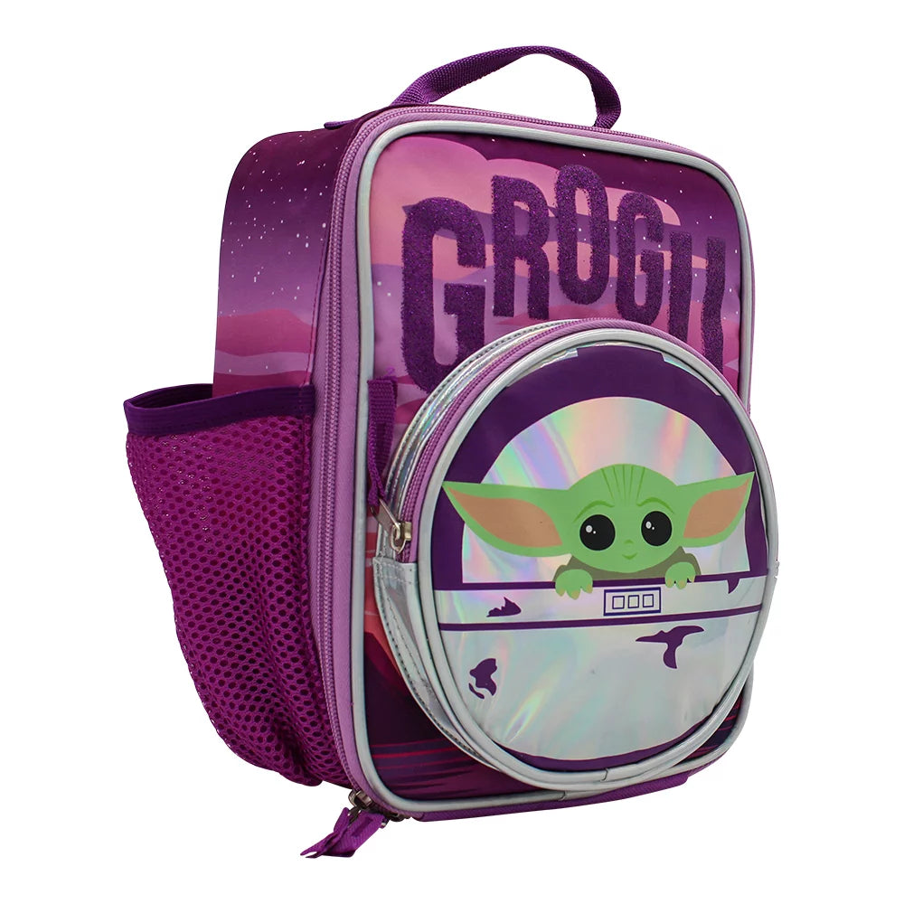Purple lunch bag with glitter Grogu lettering and a round holographic pocket