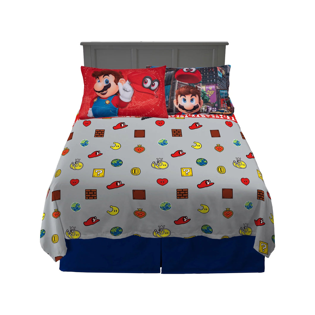 Super Mario Full Sheet Set, Gaming Bedding, Gray and Red, Nintendo