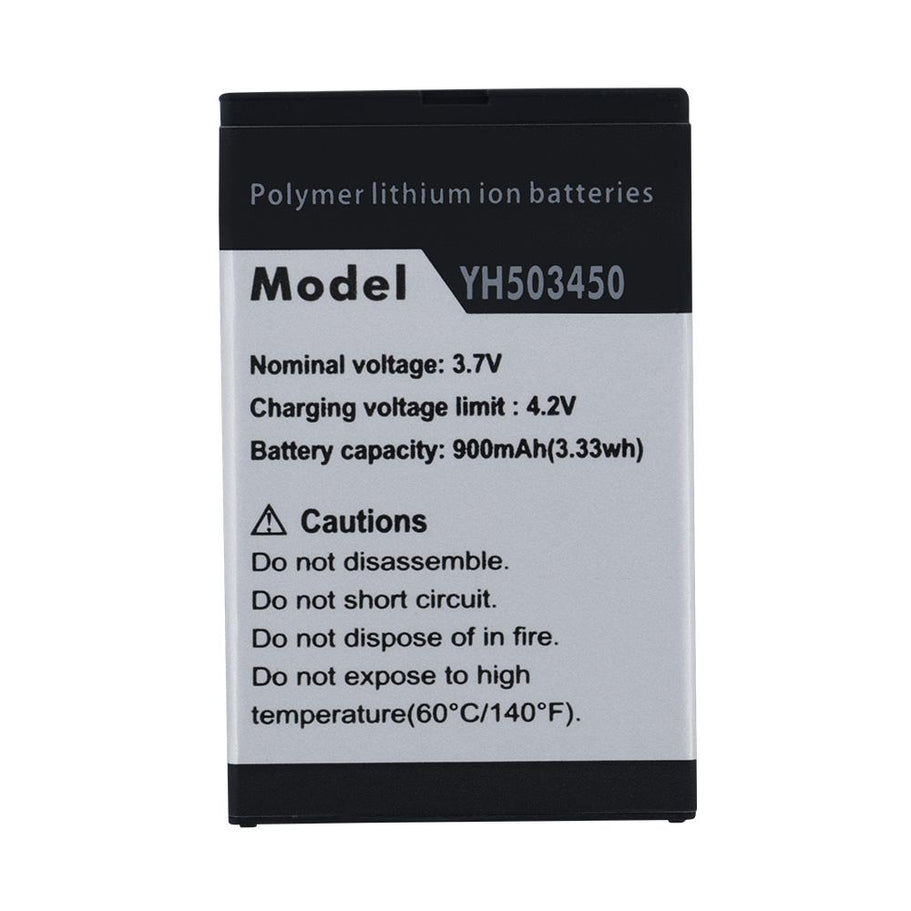 Flat black and silver 3.7V 900mAh polymer lithium ion battery, front label