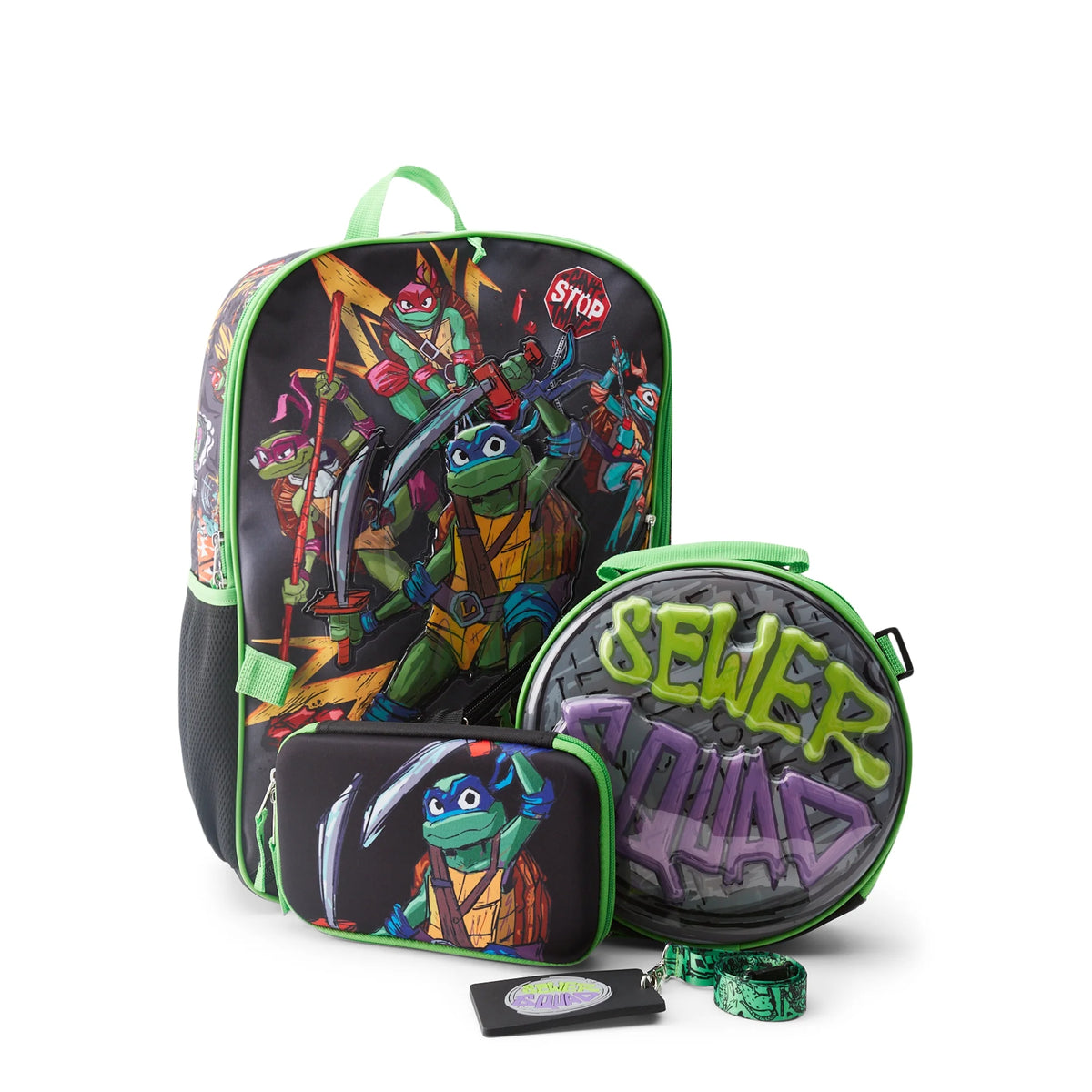 Black backpack with ninja turtle art, round Sewer Squad lunch bag, pencil case and lanyard