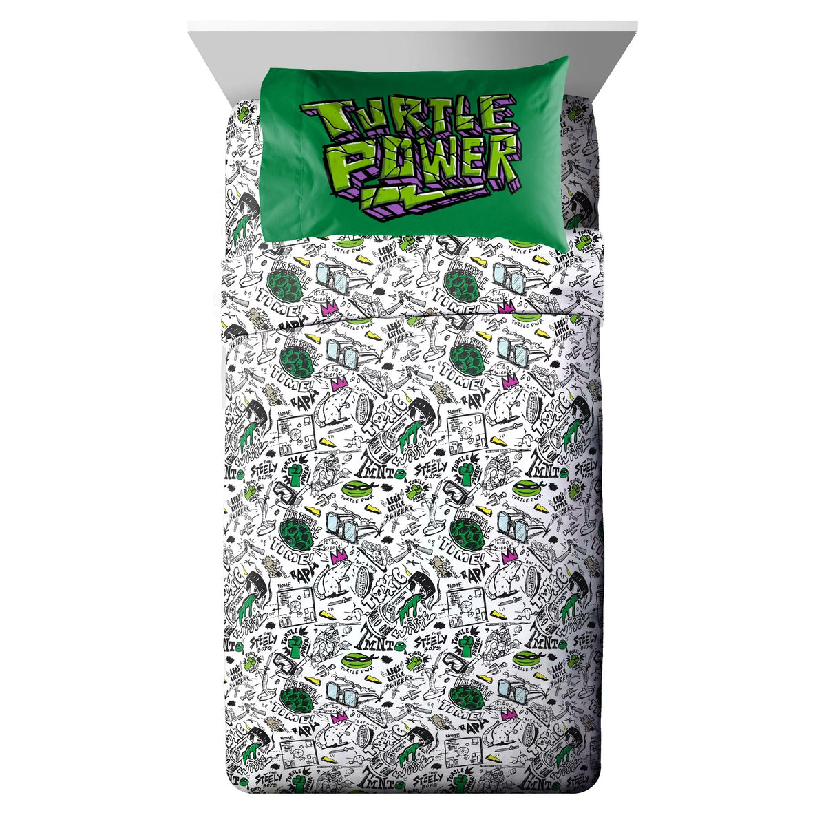 Twin bed with a white doodle-print sheet and green Turtle Power pillowcase