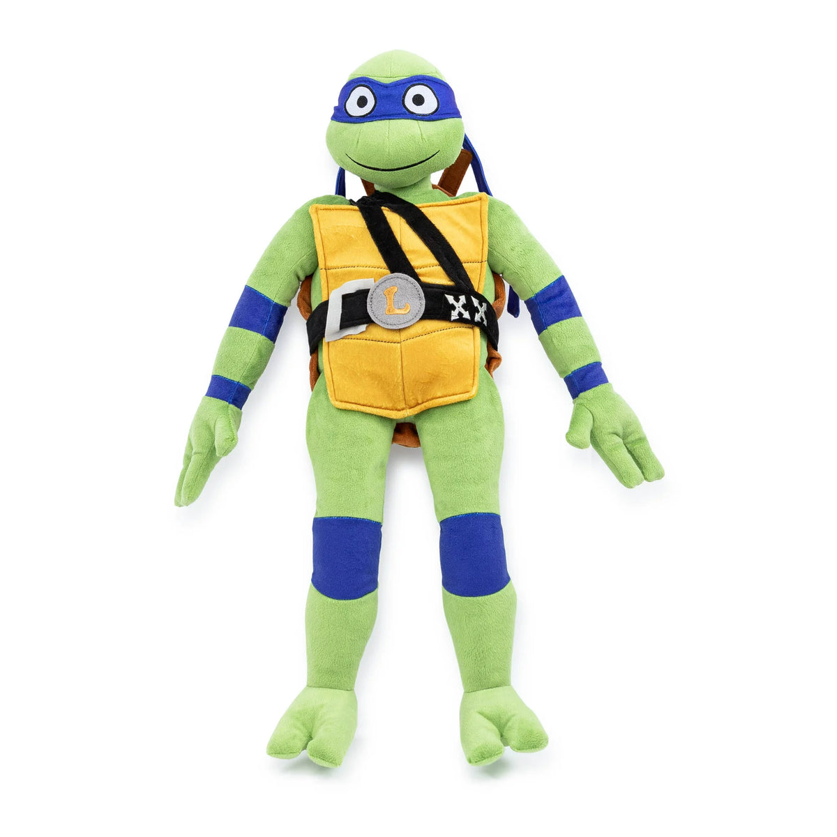 Green Leonardo plush pillow with blue mask, yellow shell front and L belt